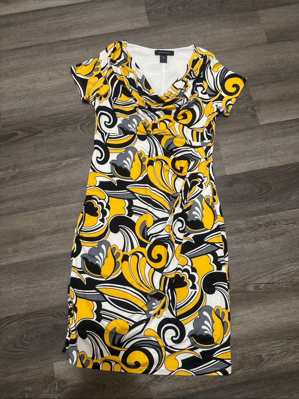 Ashley Stewart Yellow Black White Abstract Floral Midi Dress